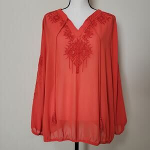 EUC Lane Bryant 18/20 Boho Peasant Beaded Embroidered Tasseled Sheer Blouse